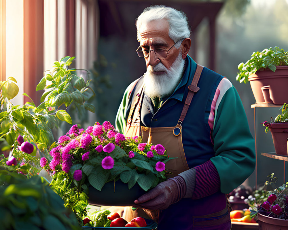 Elderly man with white beard holding pink flowers in garden