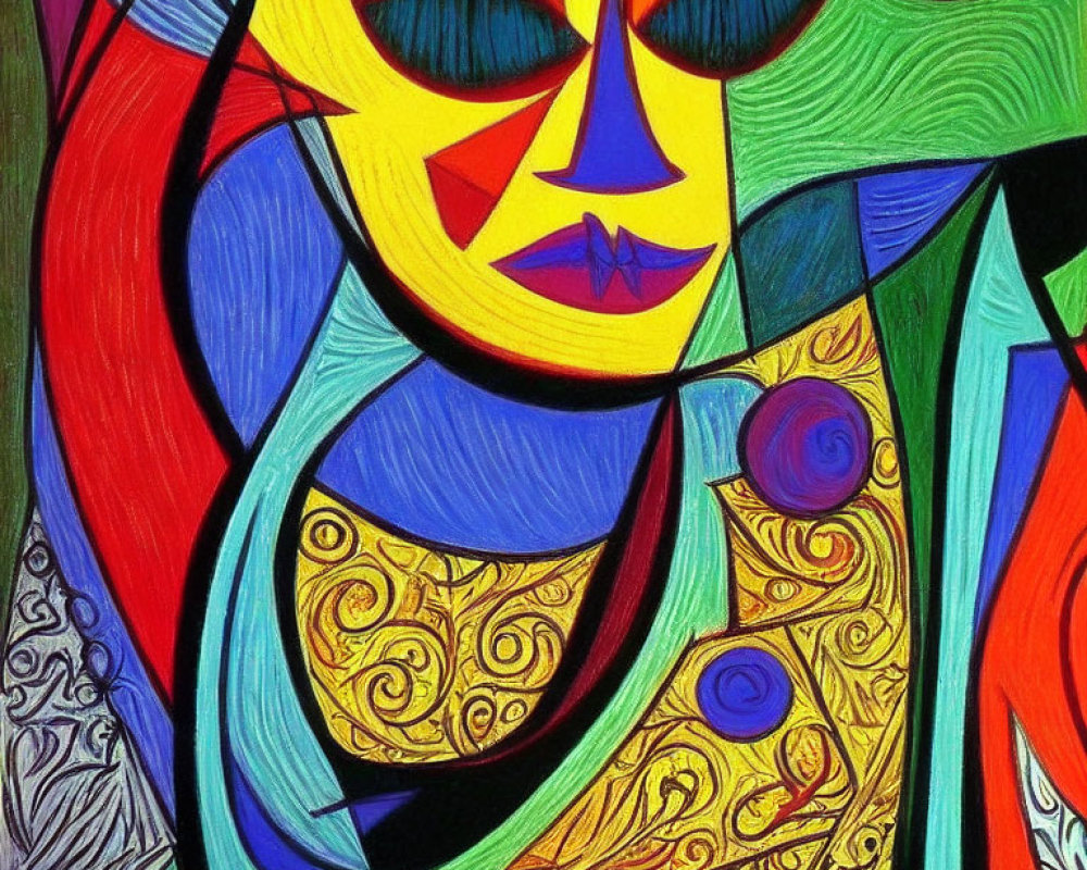 Vivid Abstract Painting with Geometric Patterns and Face Motif