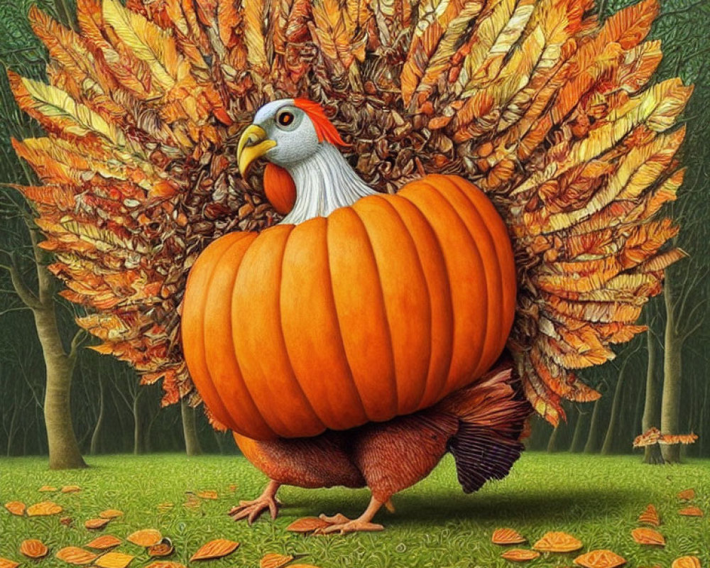 Whimsical chicken with pumpkin body in autumn setting