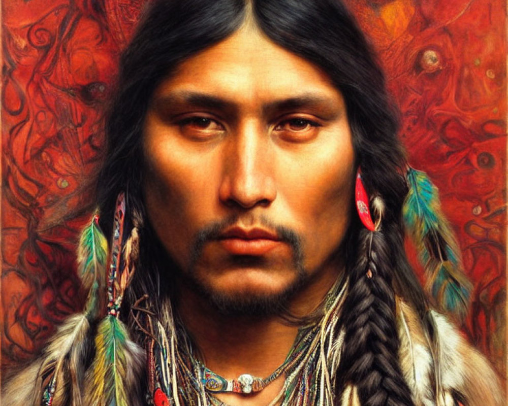 Native American man portrait with long braided hair and feather adornments