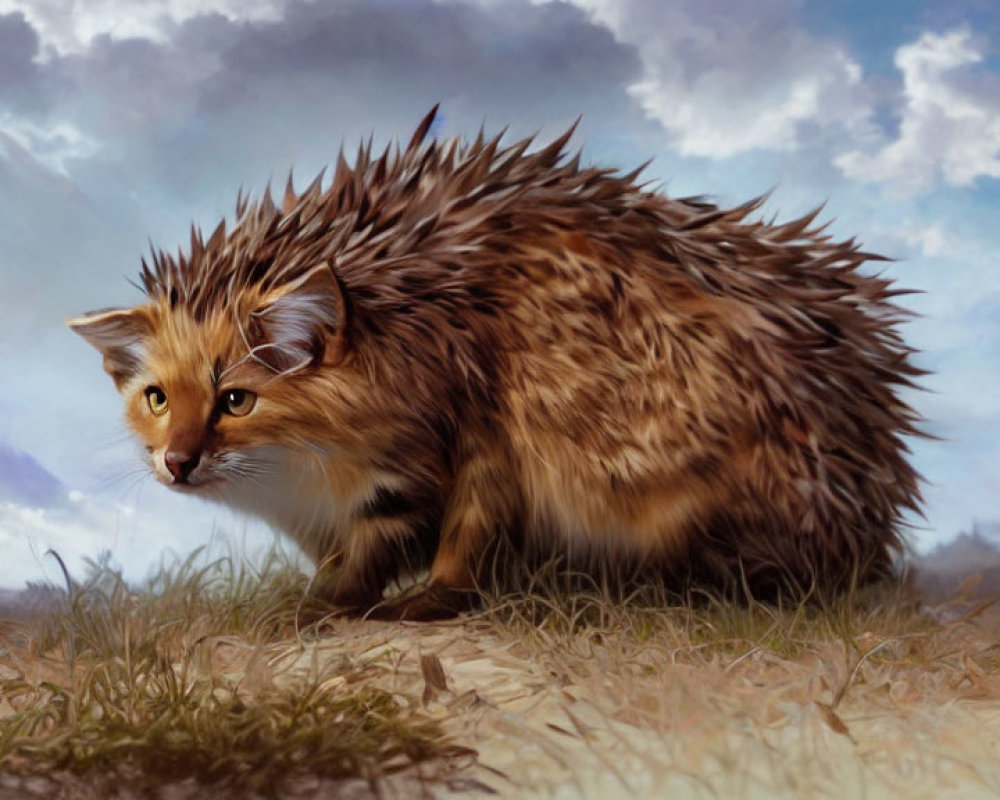 Fantasy cat creature with oversized fur in cloudy sky scenery