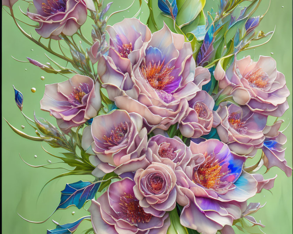 Detailed digital painting of vibrant bouquet with pink roses, blue accents, and green stems on soft green backdrop