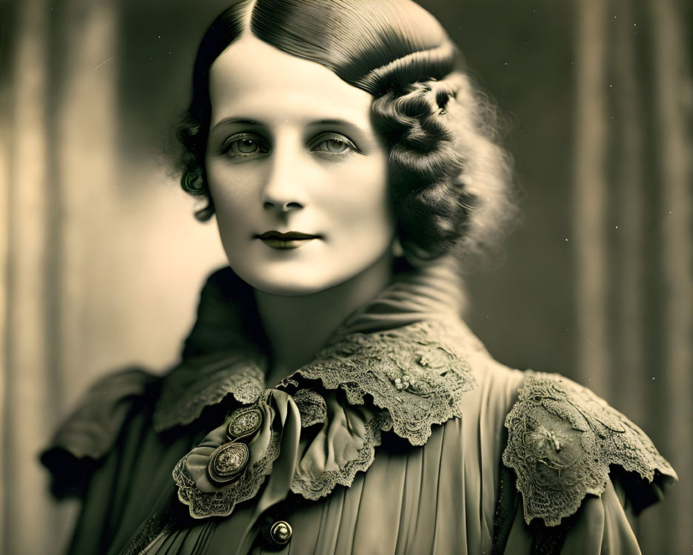 Sepia-Toned Vintage Portrait of Woman with Finger Waves Hairstyle and Ruffled Dress