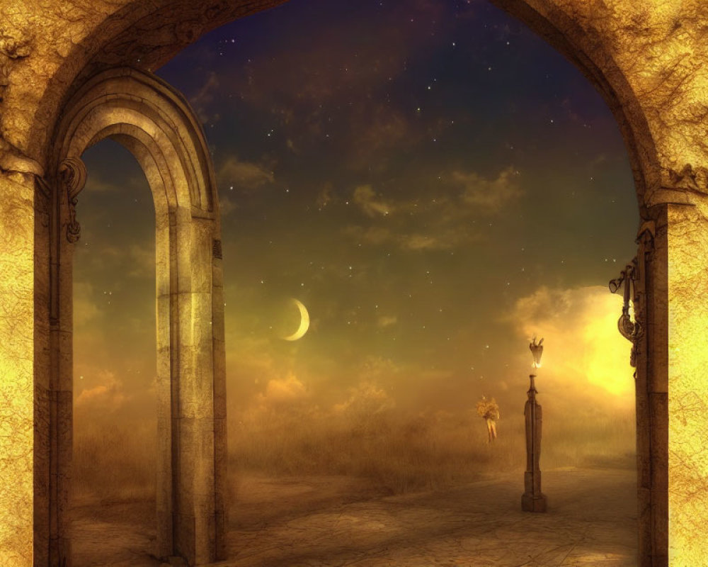 Archway leading to fantasy landscape with starry sky, crescent moon, lantern, and figure with