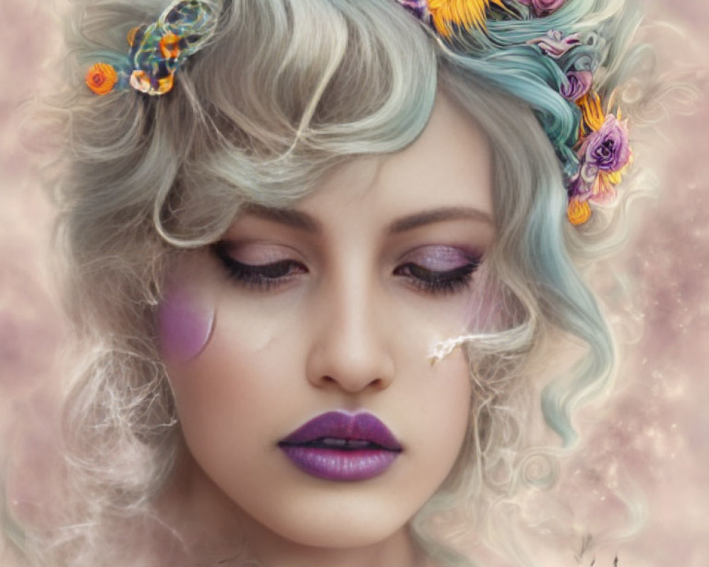 Woman with Pastel Hair, Purple Lipstick & Floral Adornments