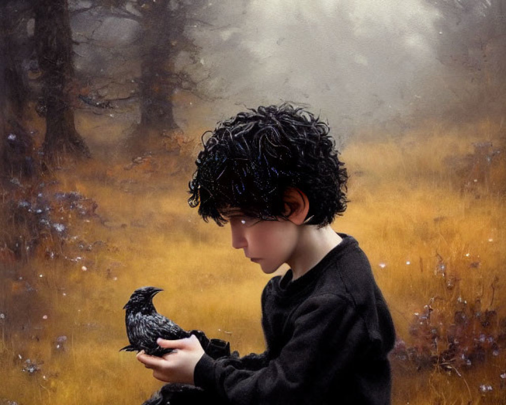 Curly-Haired Child in Black Outfit Holding Bird in Misty Field