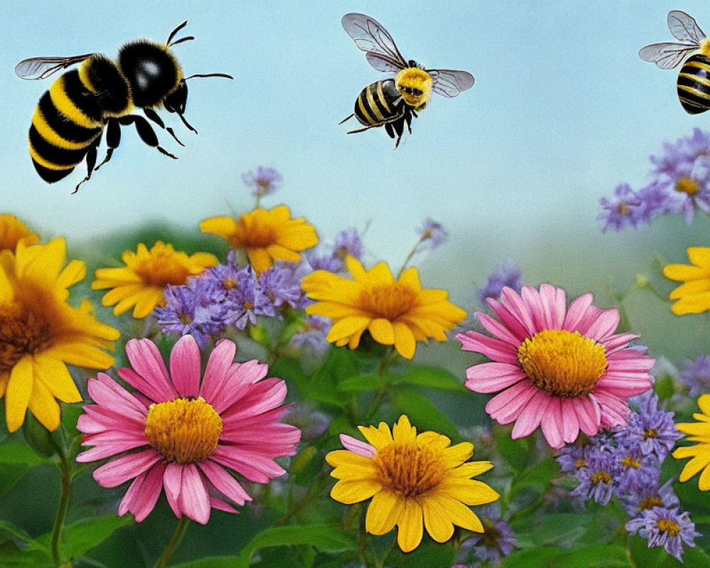 Colorful wildflowers with bees flying over them