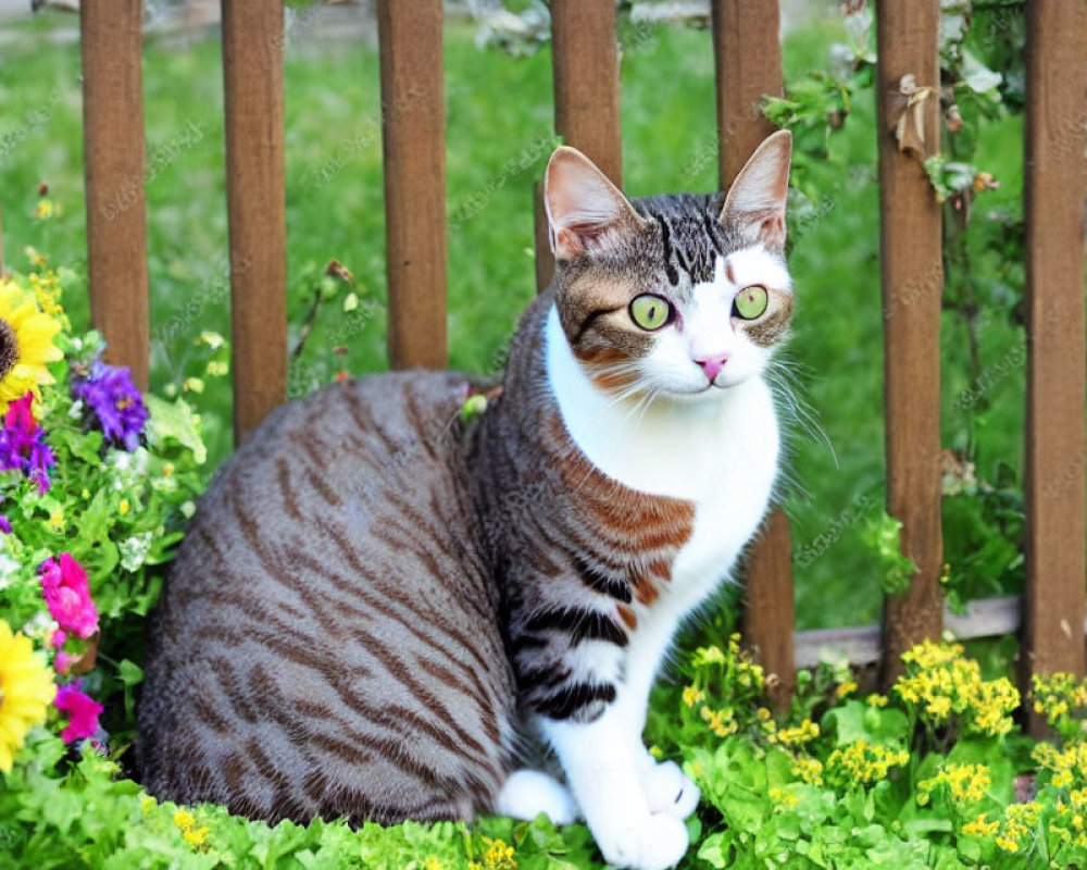 Striped Cat with Green Eyes Among Colorful Flowers and Wooden Fence