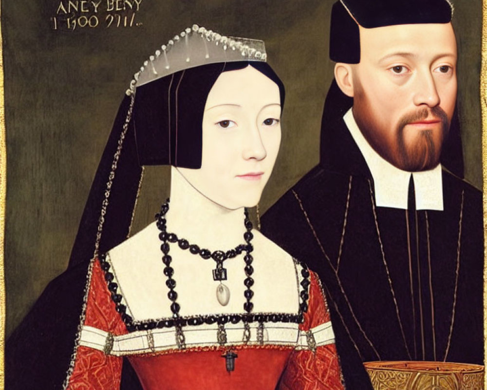 Tudor-era portrait of royal couple in black and red outfits