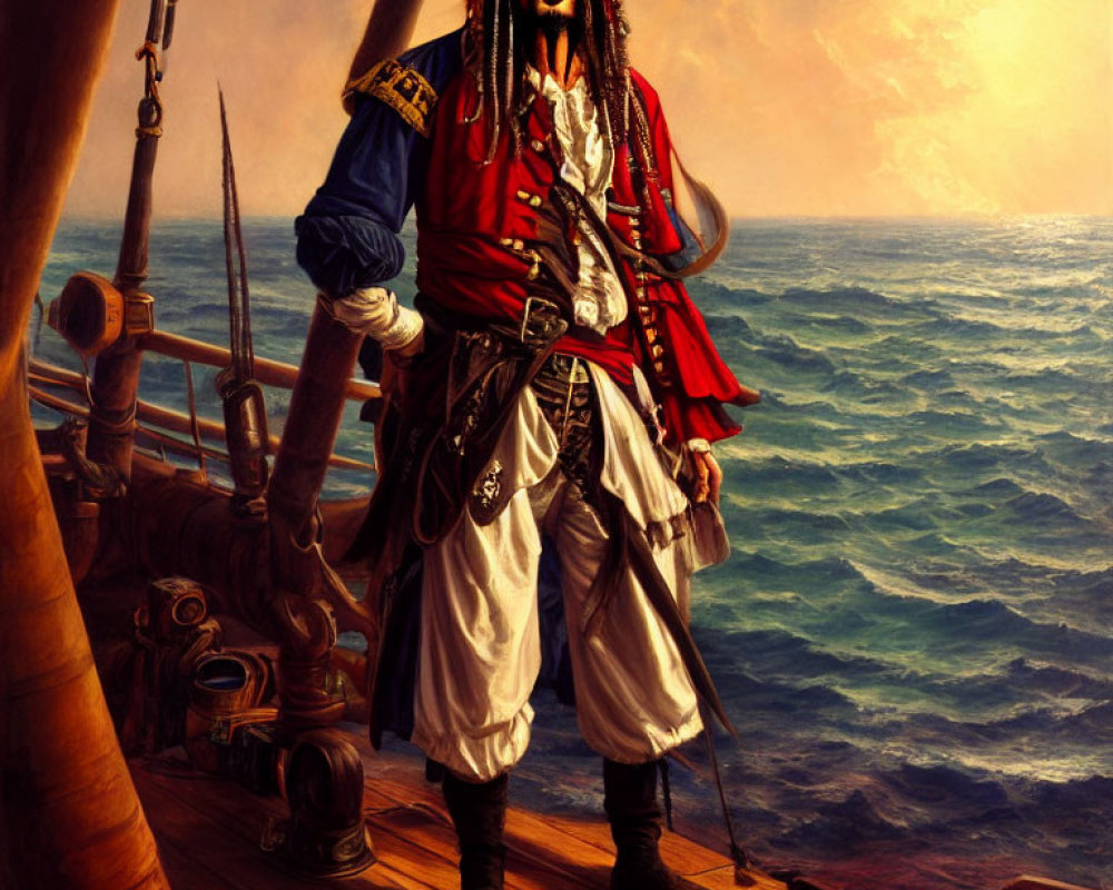 Pirate illustration: Red coat, tricorn hat, dreadlocks on ship deck