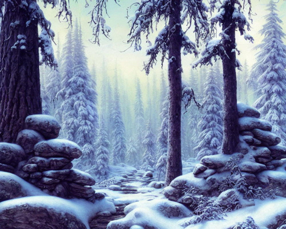 Snow-covered forest with stone-lined path and misty atmosphere