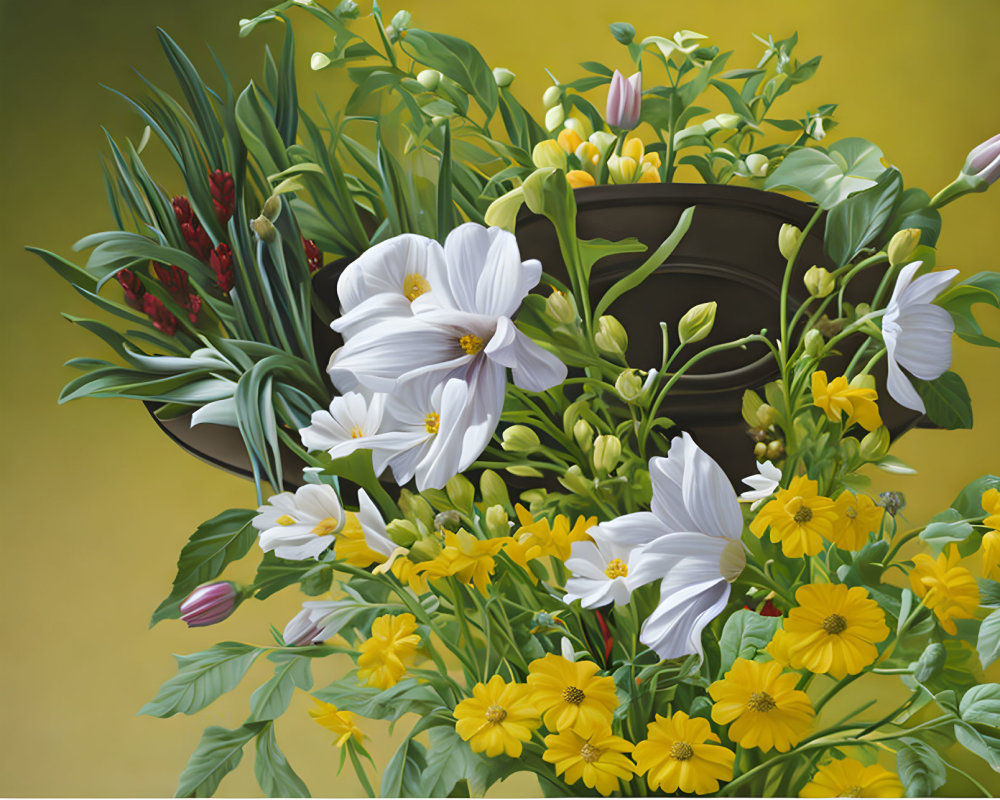 Colorful Floral Arrangement with Lilies, Daisies, and Tulips in Dark Vase