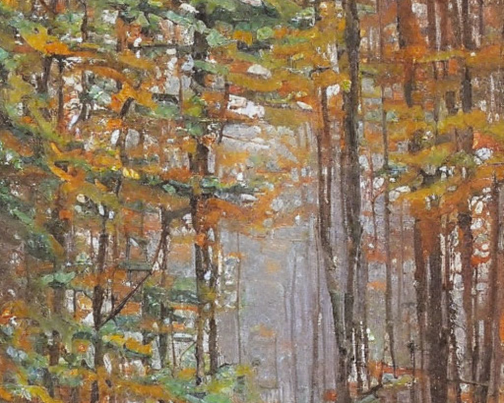 Autumn forest painting with tall trees and misty background