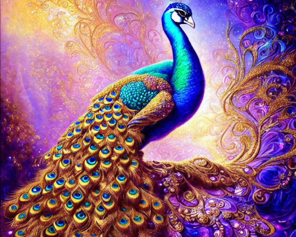 Colorful peacock illustration with blue and purple palette and ornate tail feathers