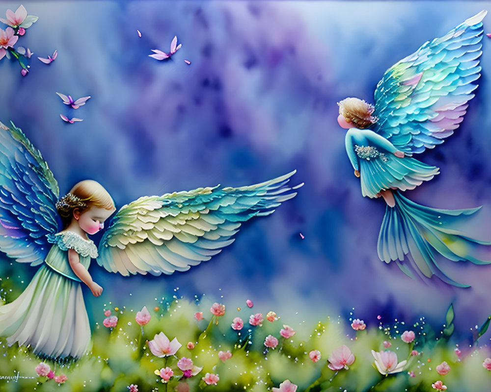 Young angel with blue wings in fantasy floral landscape with butterflies