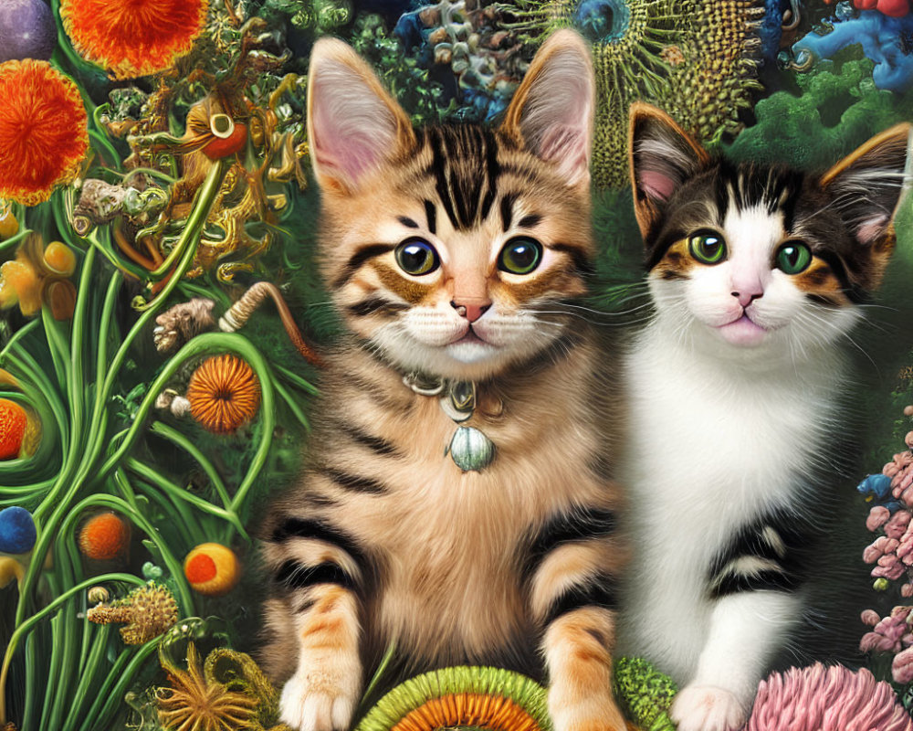 Two kittens surrounded by colorful flowers and intricate plant life