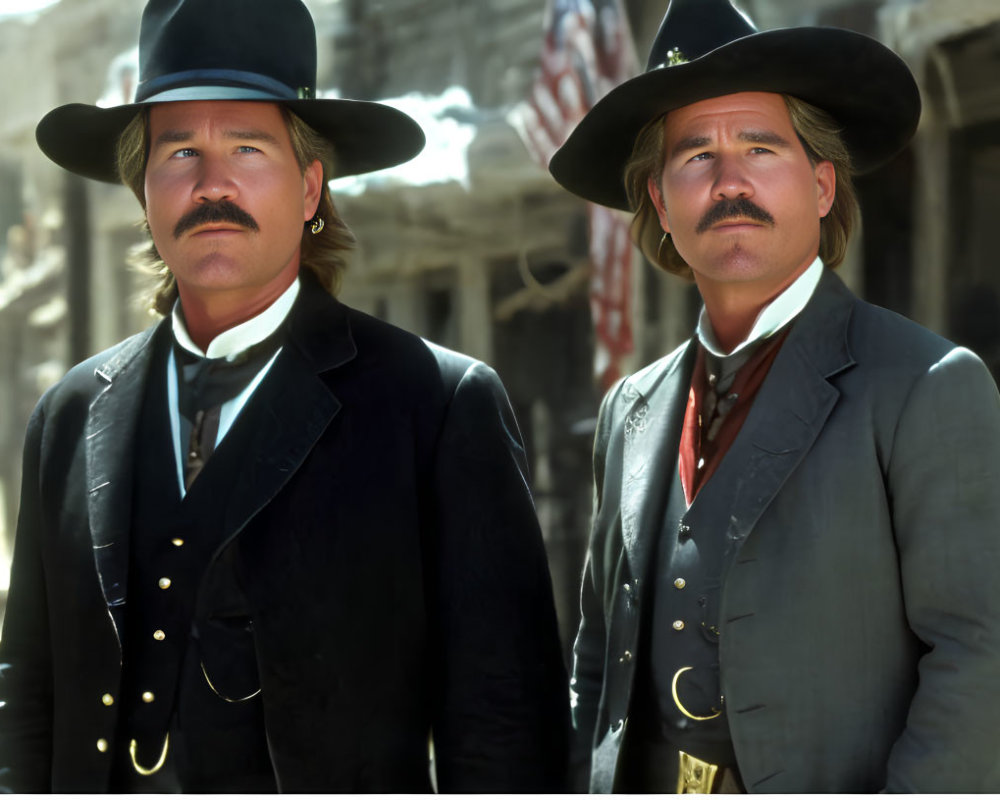 Two Men in Western Attire with Mustaches and Black Hats in Old Town Setting