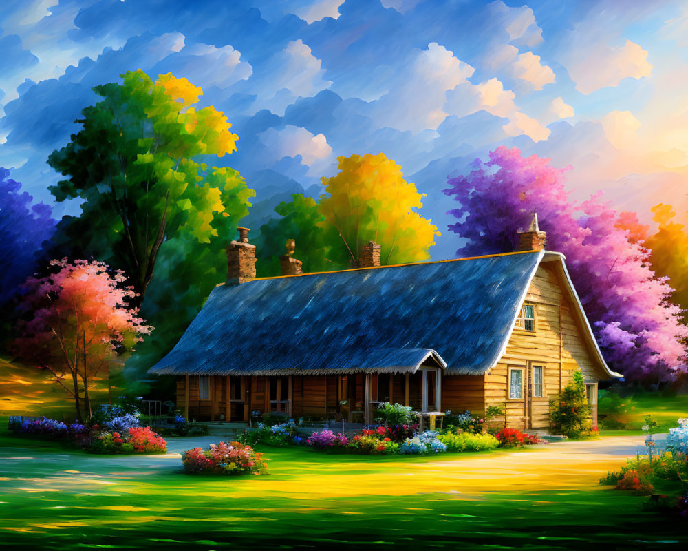 Vibrant painting of cozy cottage in colorful foliage