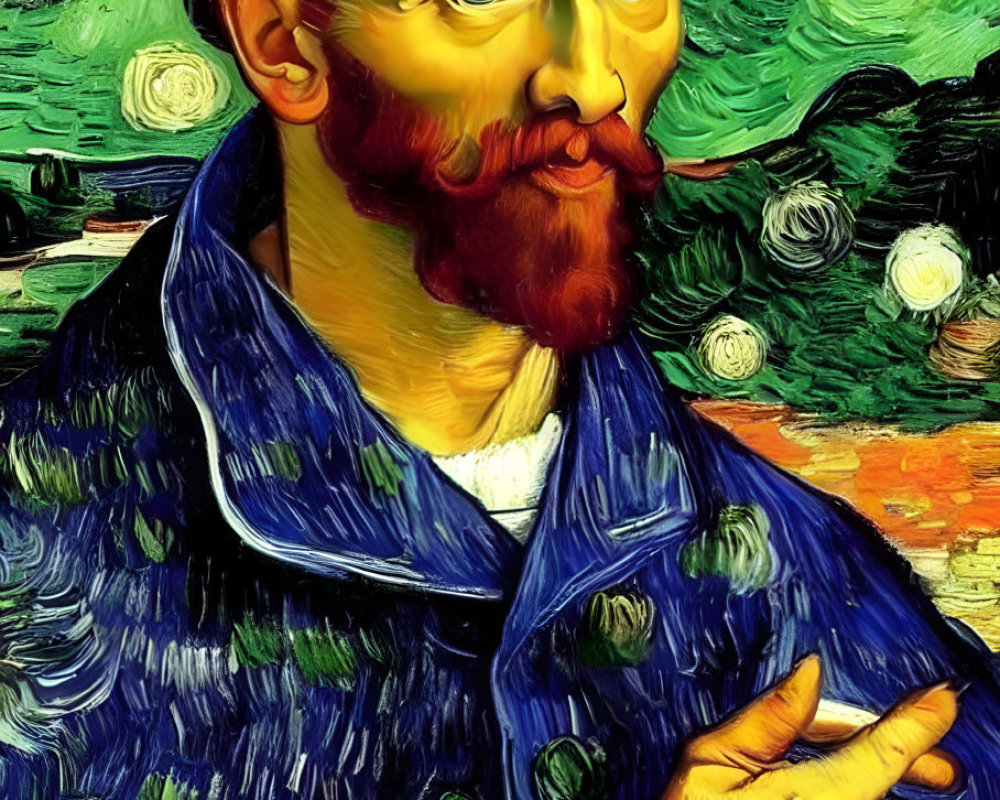 Colorful portrait of a bearded man in a blue coat against a starry night-sky background