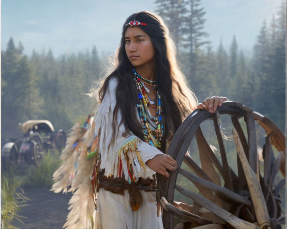 Traditional Native American Woman Beside Wooden Wheel in Forest Setting