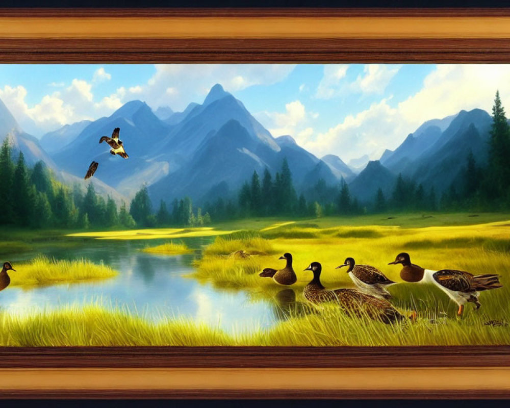 Tranquil Mountain Landscape with Ducks, Eagle, and Pond in Wood Frame