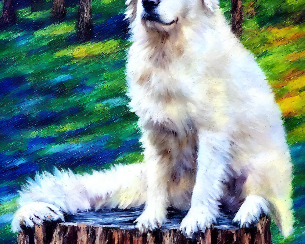 Fluffy white dog on tree stump in vibrant forest