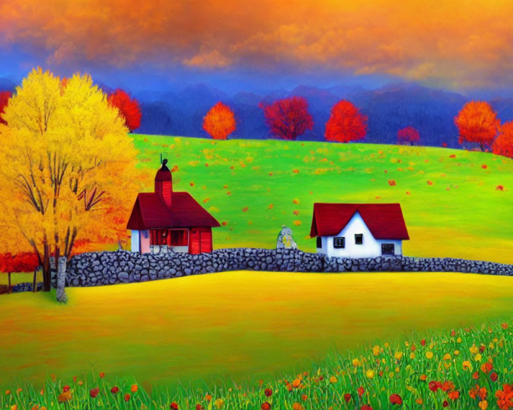 Colorful Autumn Landscape with Red-Roofed Houses and Dramatic Sky