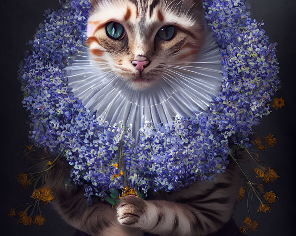 Regal cat digital illustration with blue eyes and floral ruff