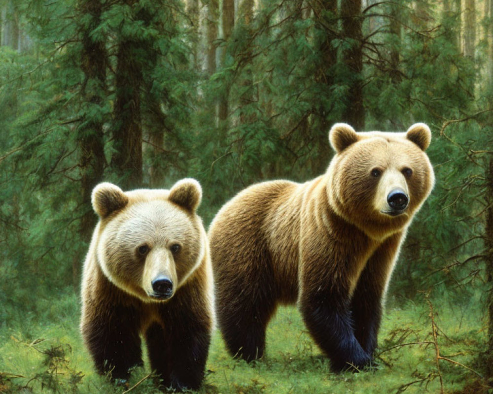 Brown bears in forest with green trees and fallen log