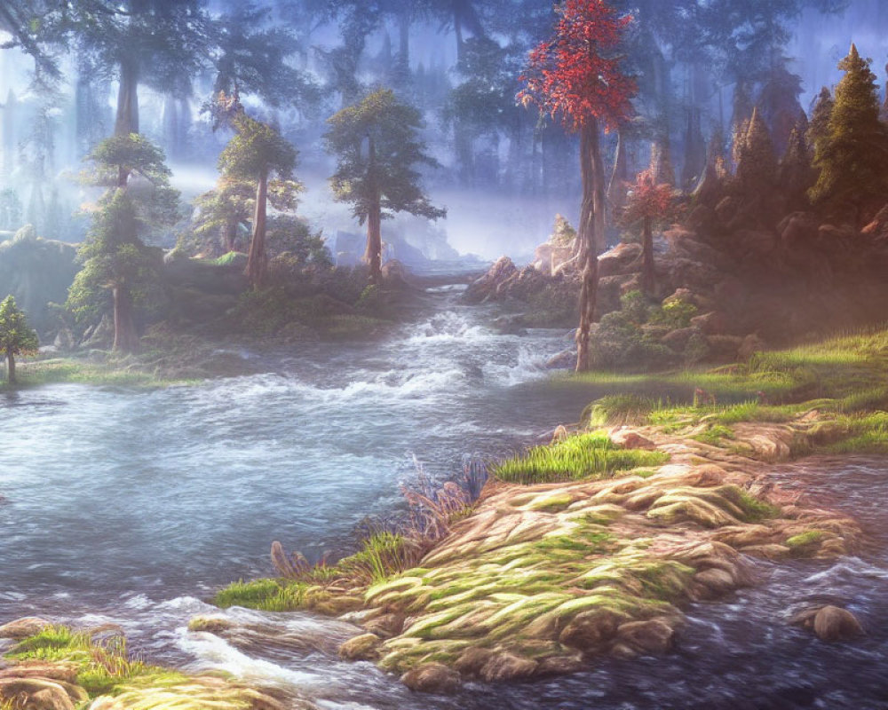 Tranquil forest with misty river and red foliage under soft light