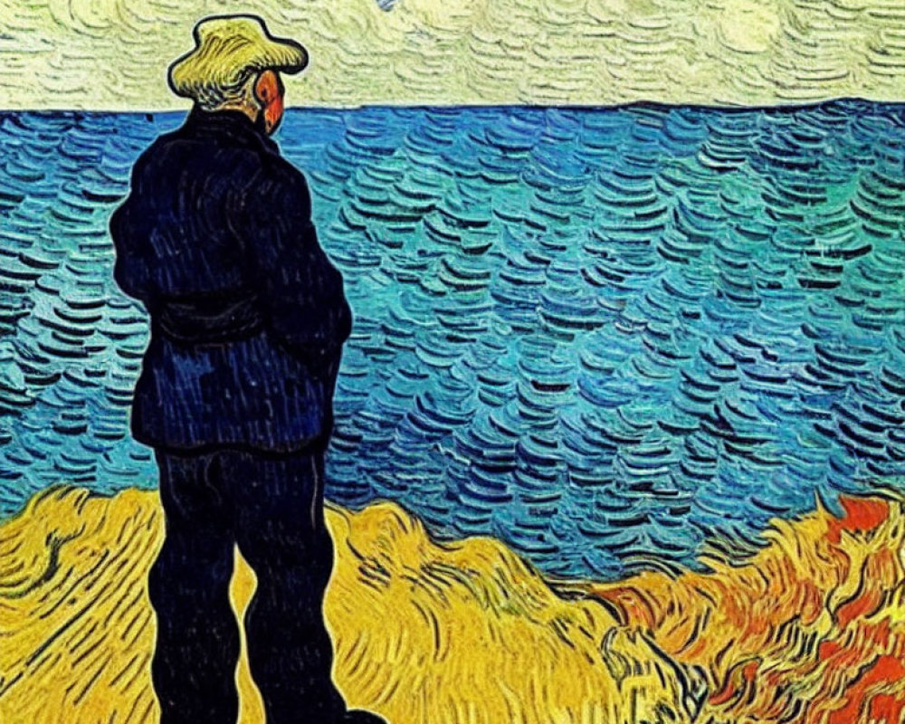 Colorful painting of figure on shore with swirling patterns in sky and water