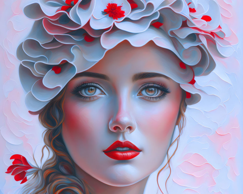 Surreal portrait of woman with white hair, red flowers, blue eyes, and rosy cheeks