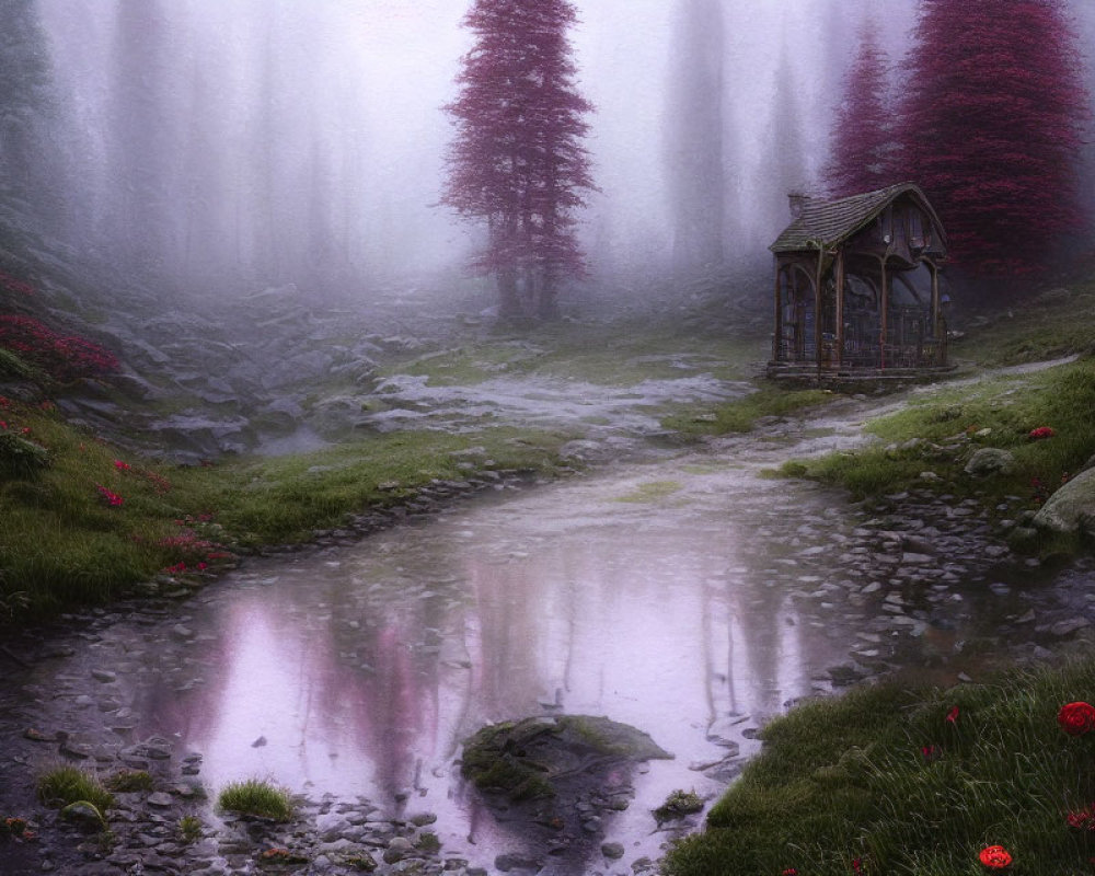 Mystical forest scene with misty atmosphere, gazebo, pond, red flowers, and dense