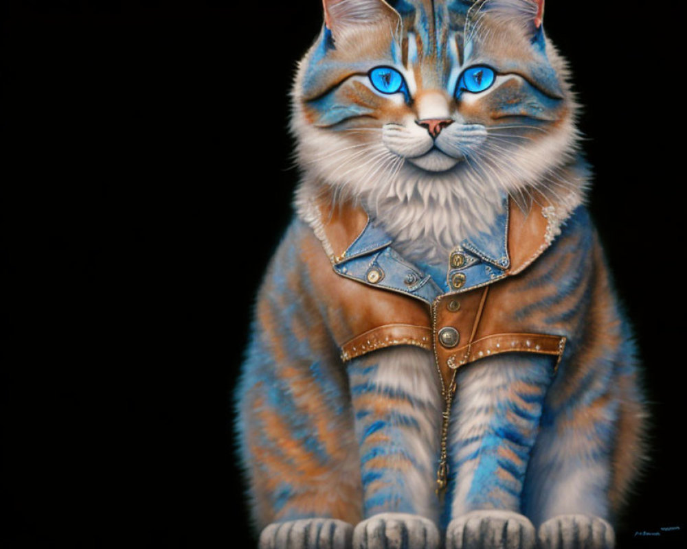 Stylized cat digital art with blue eyes and denim vest