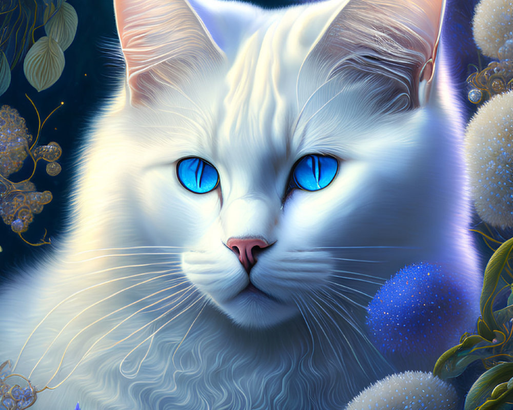 White Cat with Blue Eyes in Ethereal Blue Environment