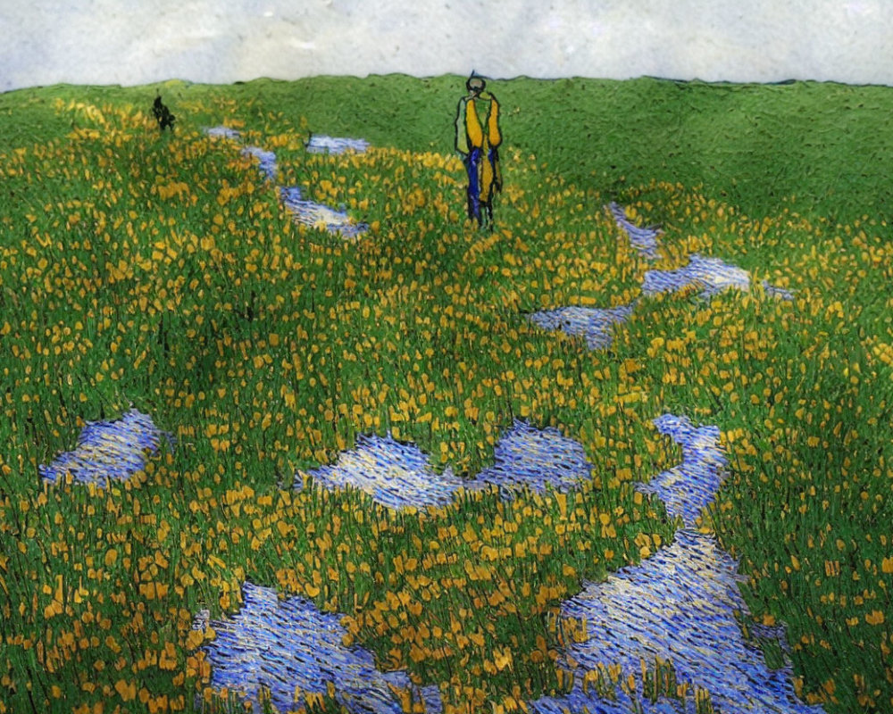 Person in Yellow Surrounded by Blue and Gold Flowers in Green Landscape