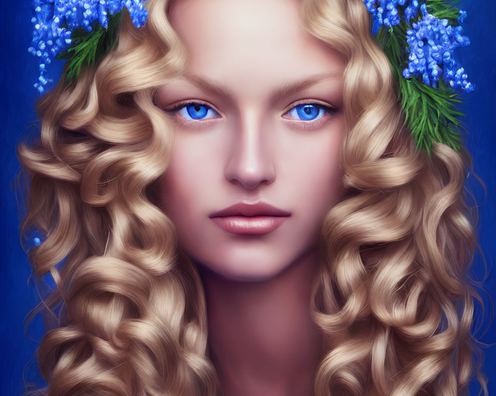 Portrait of Woman with Curly Blonde Hair and Blue Flower Wreath