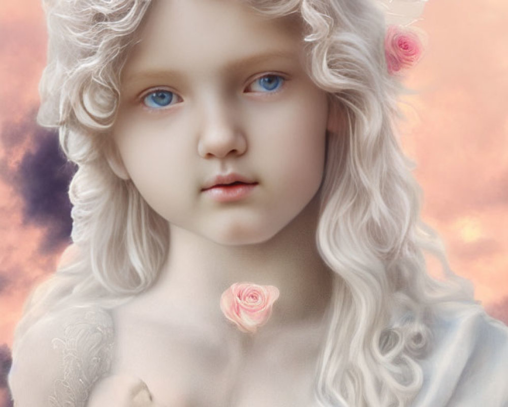 Fantasy portrait of a young character with pale skin, blue eyes, white hair, and elfin