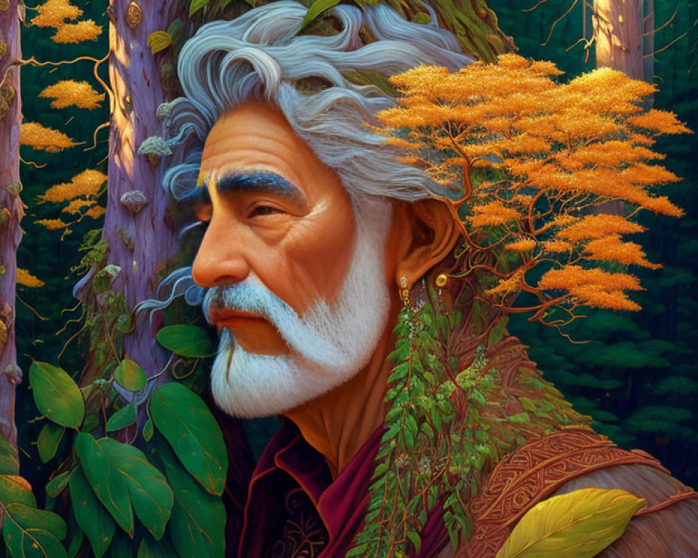 Illustration of wise male figure with tree-like features and forest elements