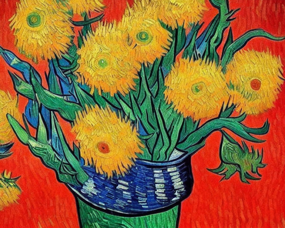 Vivid Yellow Sunflowers in Blue Vase on Red Background