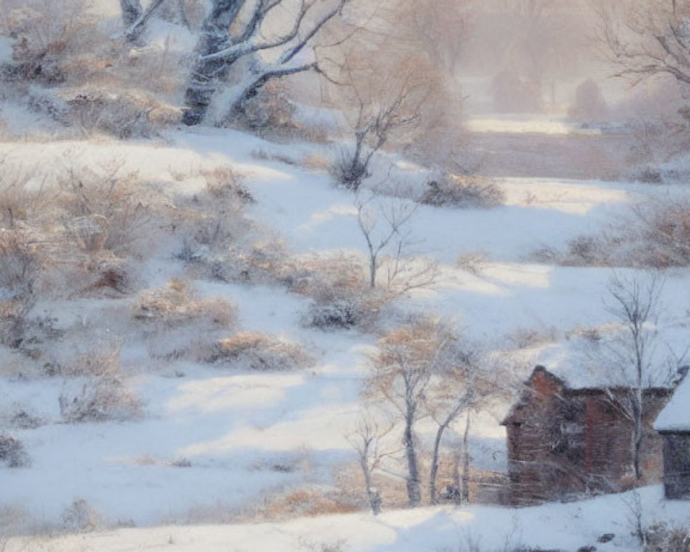 Snowy landscape with cabin, trees, and river in soft light