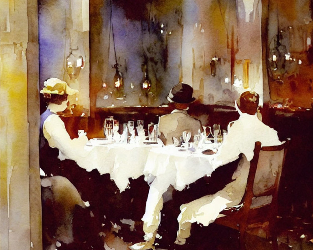 Elegant dining room watercolor painting with three people at table