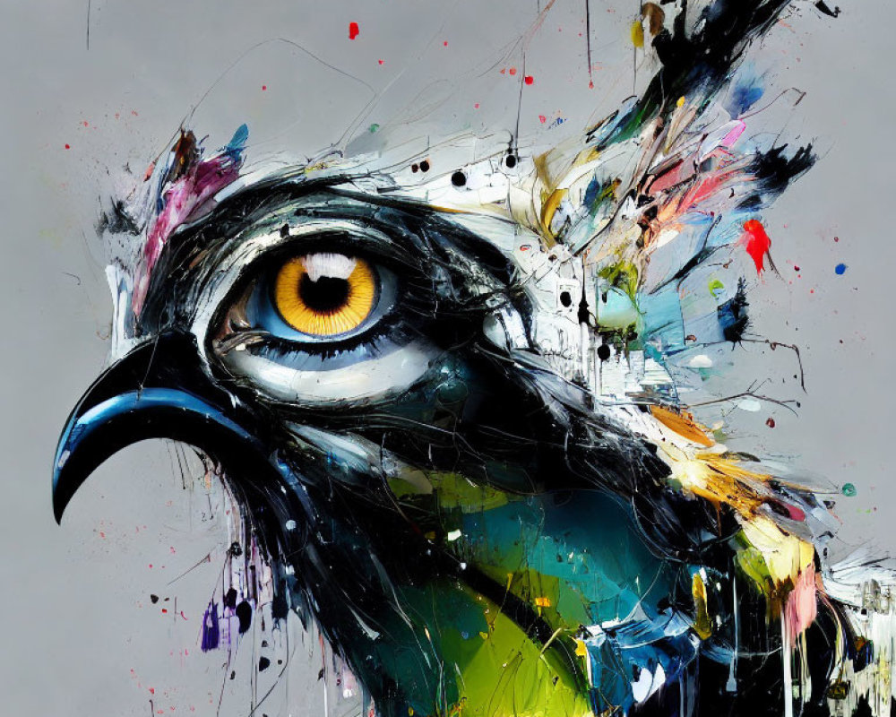 Colorful Eagle Eye and Beak Painting on Gray Background