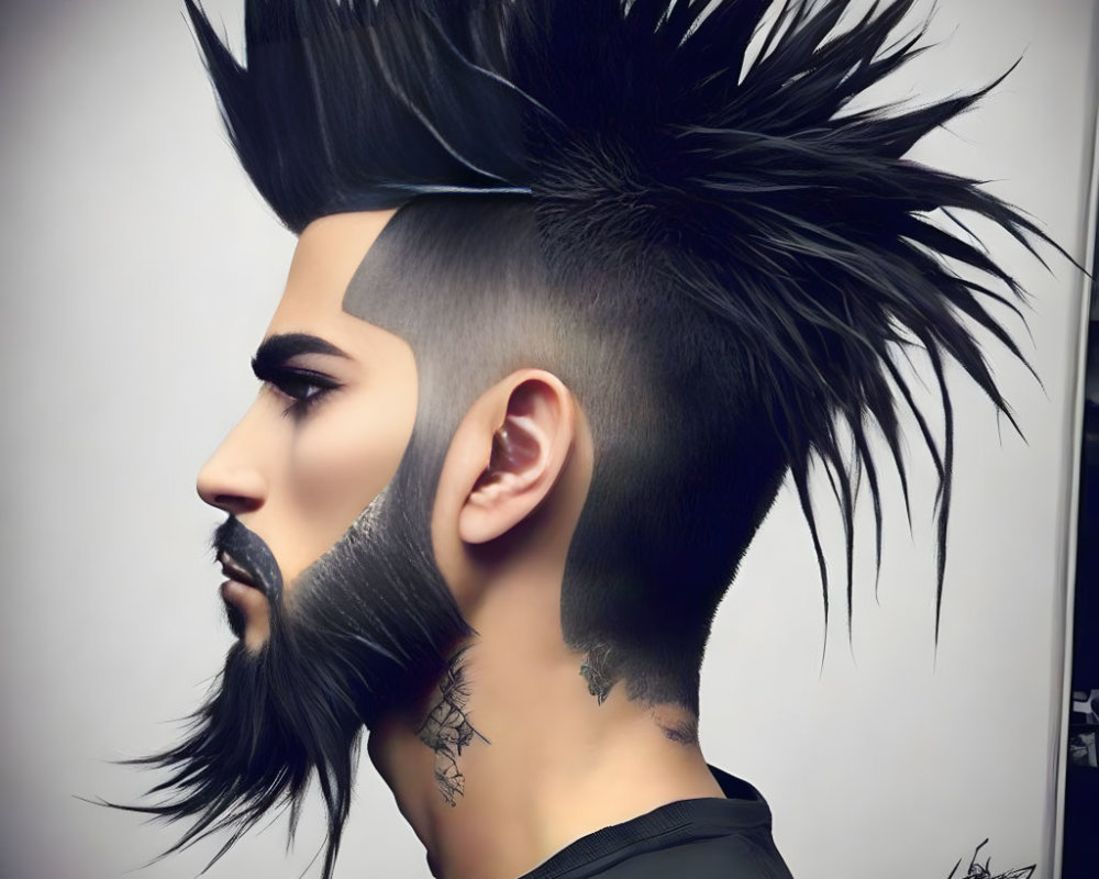 Digital artwork featuring man with spiked mohawk, beard, and neck tattoos