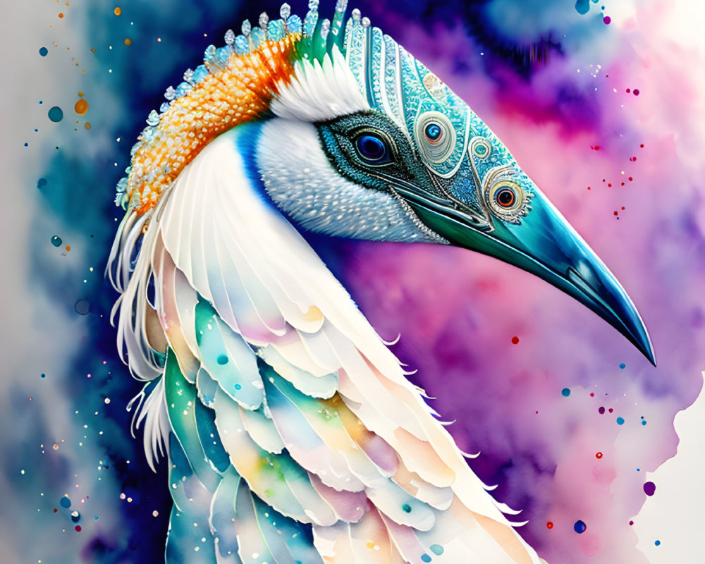 Colorful bird illustration with peacock-like head and detailed feathers on abstract background