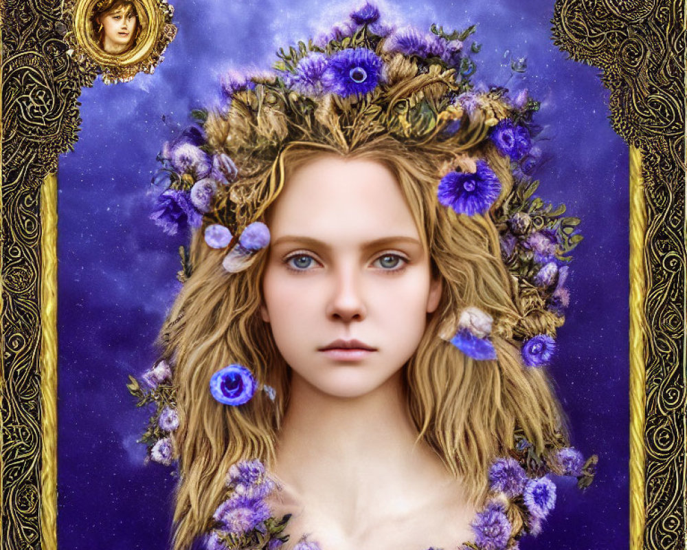 Ethereal woman portrait with floral wreath and golden patterns