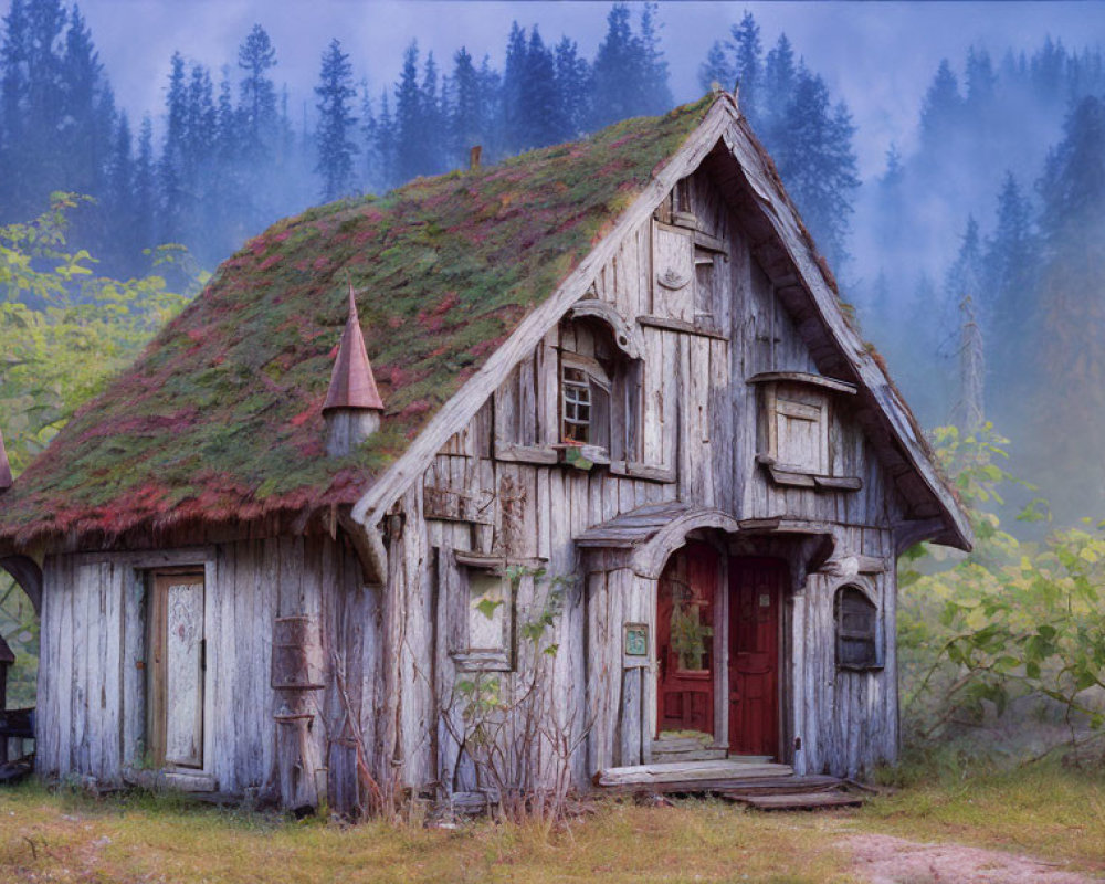 Moss-Covered Wooden Cottage in Misty Forest