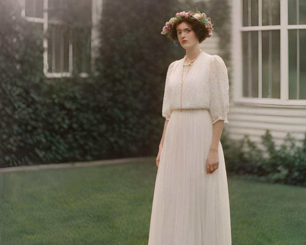 Woman in vintage white dress and floral crown in garden at dusk with ivy and bay window.