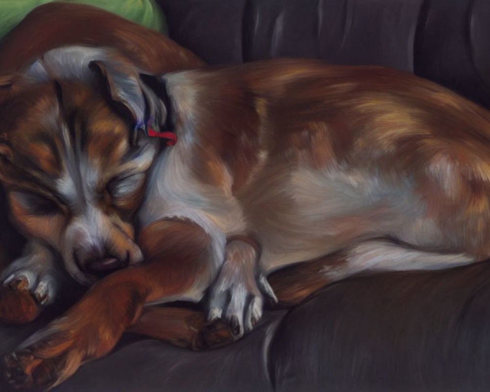 Brown and White Dog Sleeping on Dark Couch with Red Collar and Green Cushion