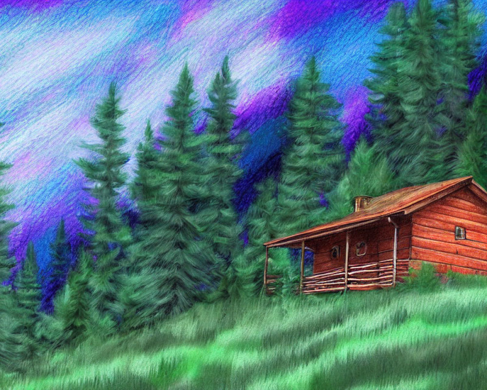 Vibrant twilight sky over rustic wooden cabin and evergreen trees